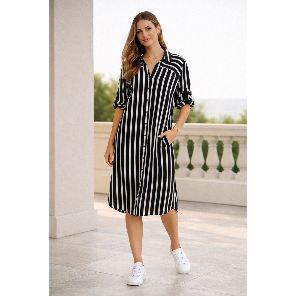 Alfani Women’s Black White Striped Roll Tab Midi Tunic Shirt Dress Casual Sz 14